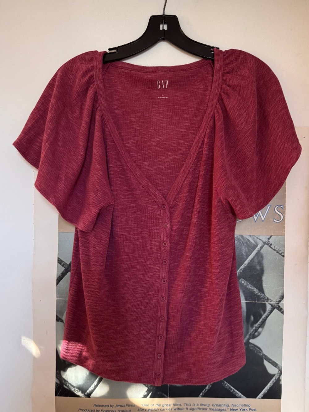 GAP Berry Red Waffle Knit Button Front Puff Sleeve Top